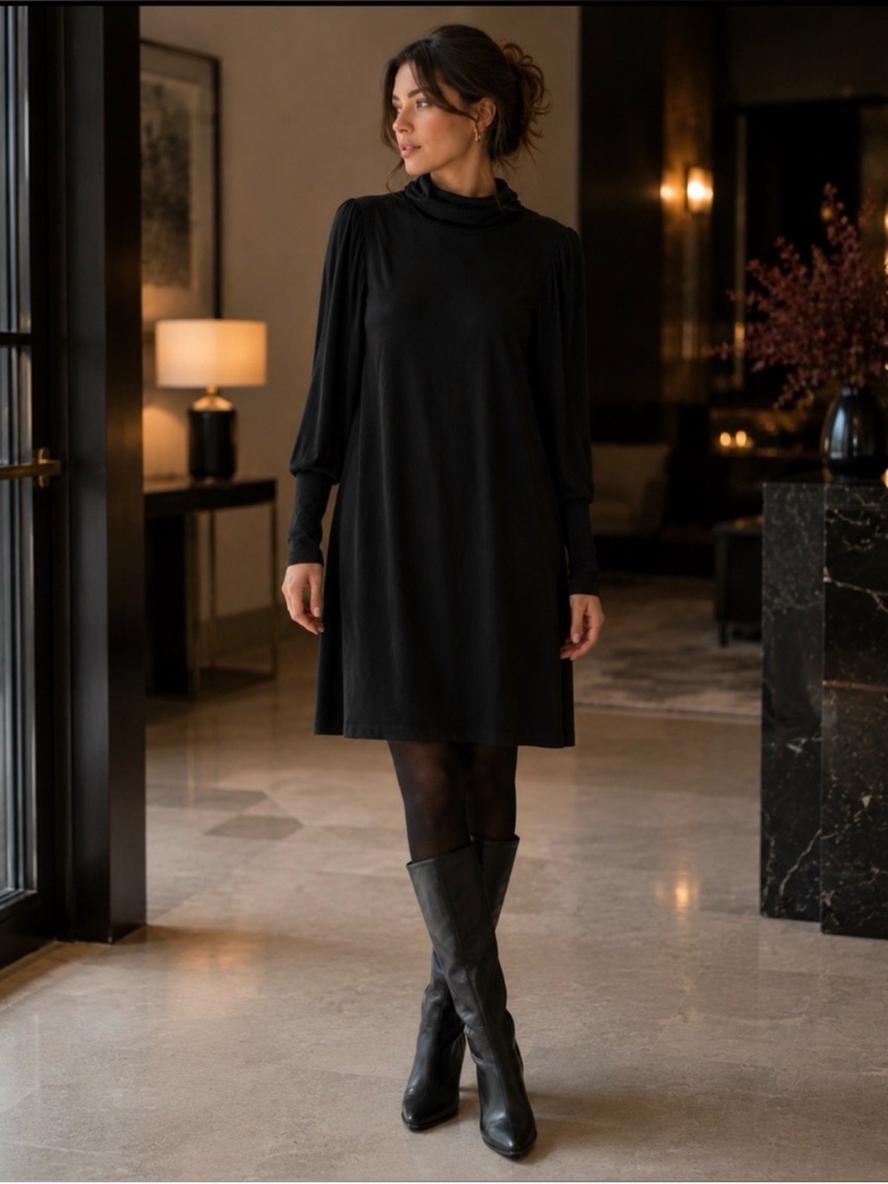 VENUS Black Puff Sleeve Turtleneck Shift Dress Size Small NWOT